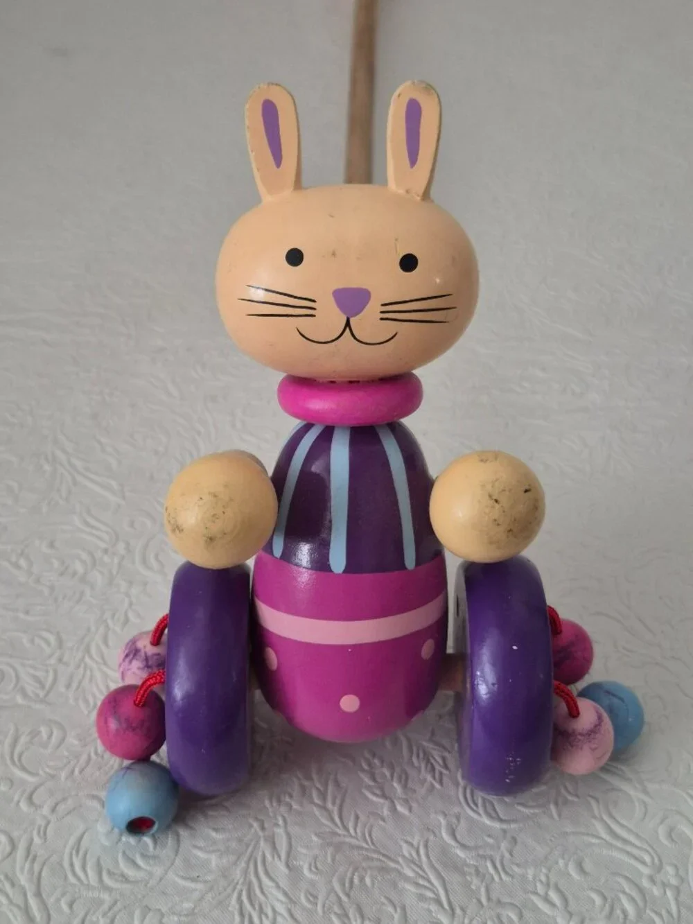 Wooden Rabbit Easter Bunny Kids Toddler Push Pull Clacker Toy Purple Pink